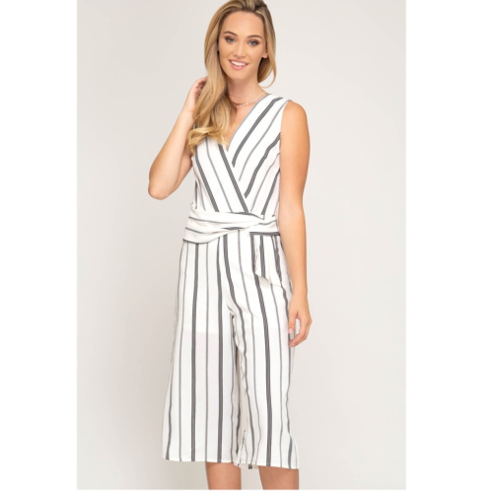 White Striped Tie Waist Lined Culotte Jumpsuit